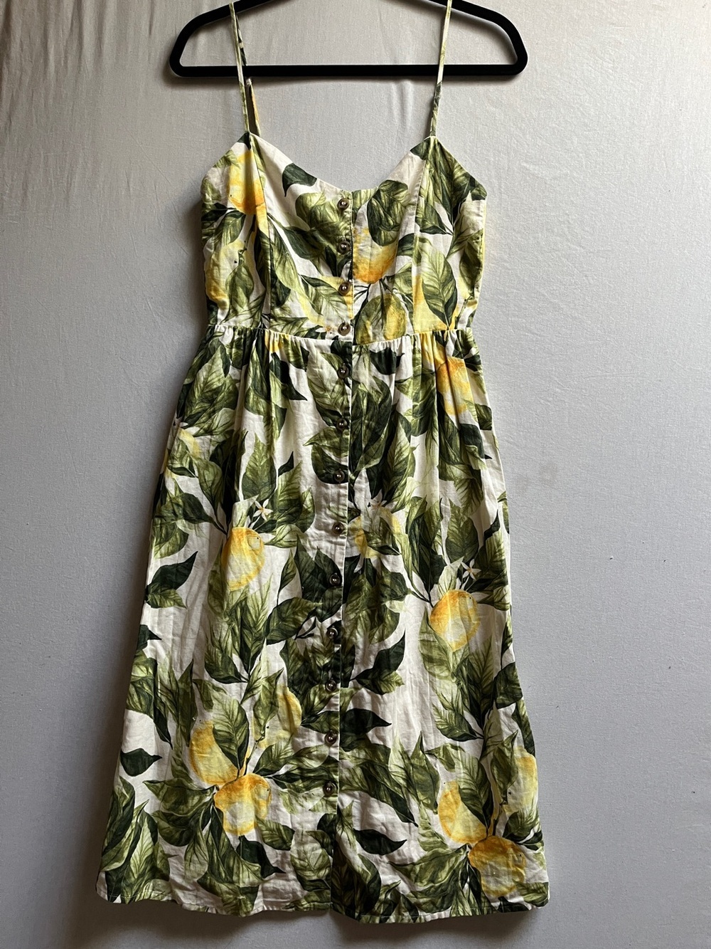 H&M Linen Blend Tropical Leaf Citrus Fruit Print Button Front Midi Dress Sz XS - Picture 2 of 10